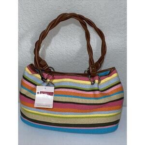 Rosetti Multi Color Striped Fabric Brown Vinyl Trim Shoulder Bag Boho Canvas NEW